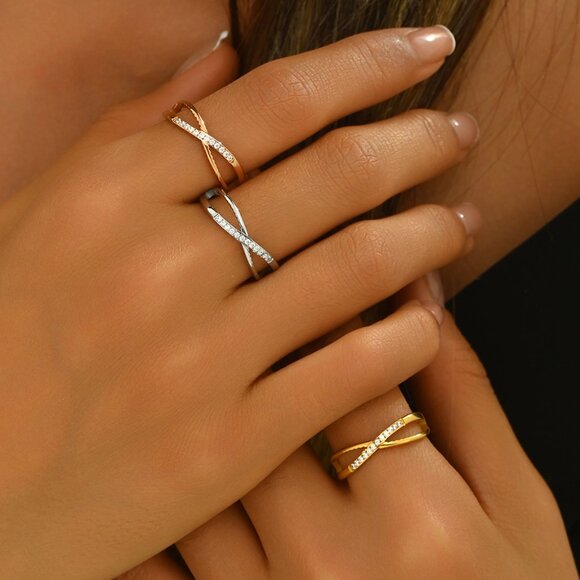 3/$35 Elegant Silver Stainless Steel Ring Rhinestones Stylish Jewelry Dainty - Picture 5 of 6